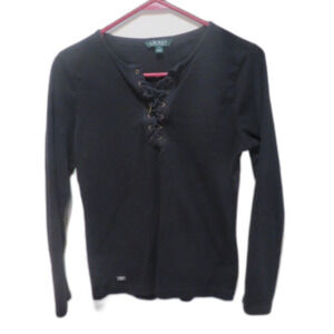 RALPH LAUREN Vintage 100% Cotton Lace Up Black Shirt Size M
